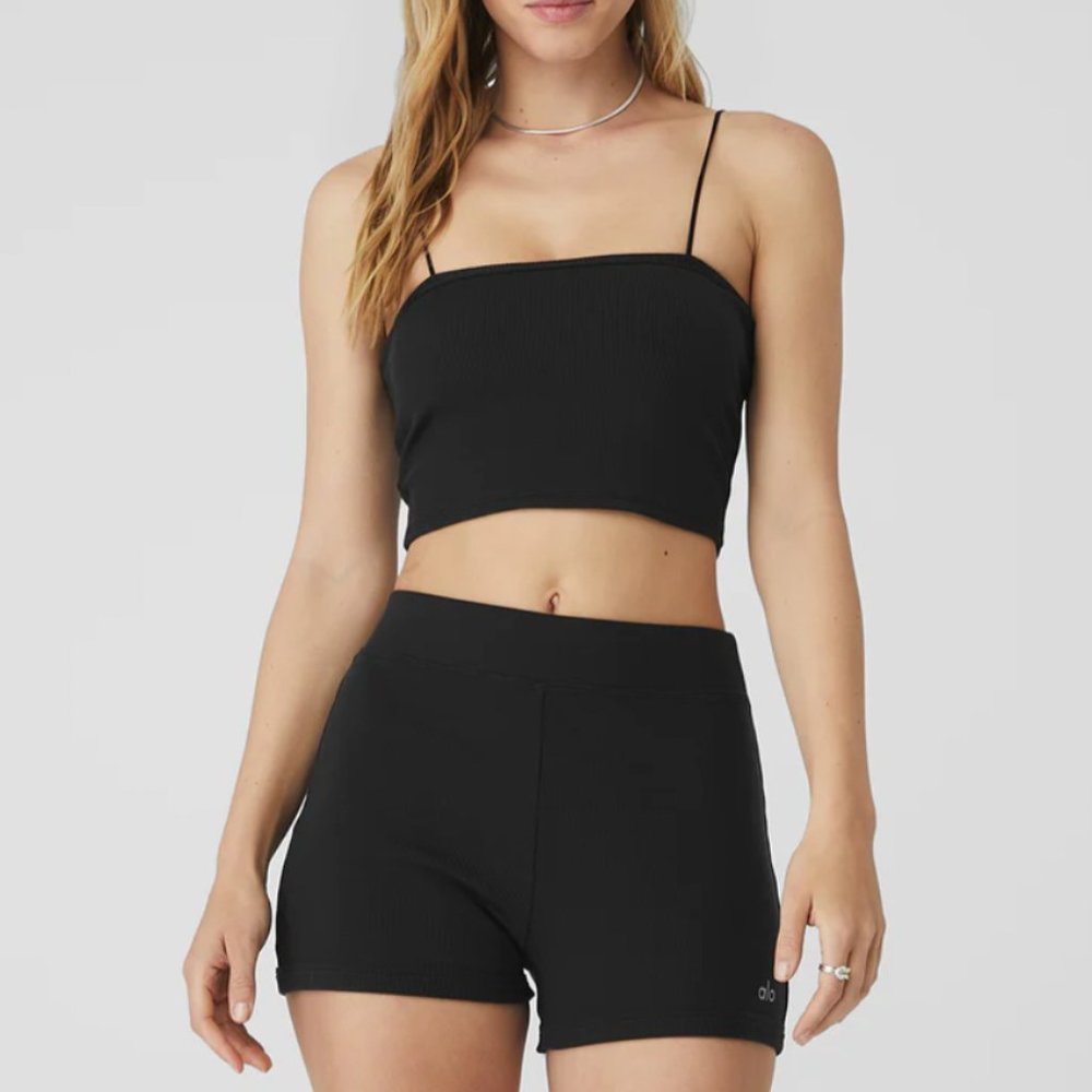 Alo Goddess Ribbed Bandeau Top - Black (Small)